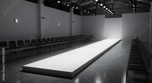 A fashion runway in a minimalist style, showcasing a stark white catwalk illuminated by overhead lights, surrounded by empty chairs in a modern setting.