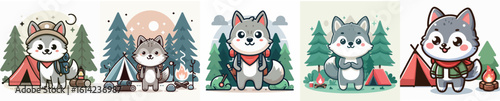 collection of cute wolf vectors camping