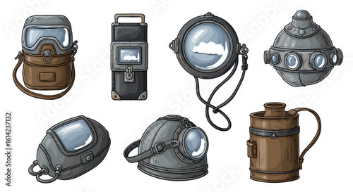 Collection of stylized vintage diving helmet and equipment illustrations