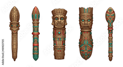 Ancient artifact collection displaying vibrant totems and cultural symbols.