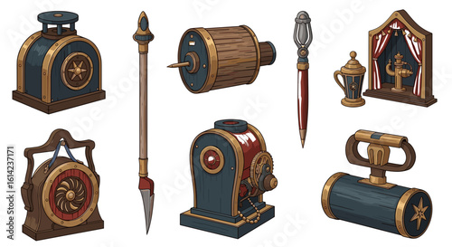 Steampunk inspired antique objects, showcasing golden accents and intricate design