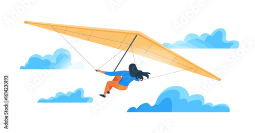 A breathtaking scene of a person hang gliding against a backdrop of blue skies and fluffy clouds, capturing the thrill and freedom of flying high in the air.