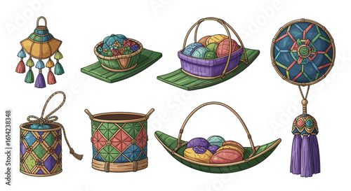 Whimsical assortment of colorful craft supplies displayed in artistic arrangement