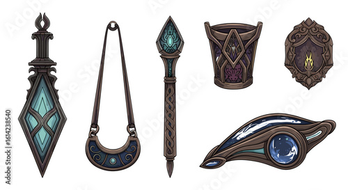 Mystical fantasy artifacts collection shining brightly on a simple background