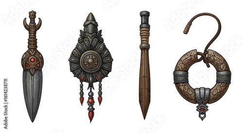 Fantasy game assets: decorative weapons and unusual artifacts illustrations