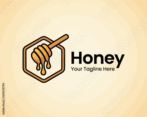 This artistic honey logo features a honey dipper in a hexagon, encapsulating the essence of sweetness and natural products in a visually appealing manner.