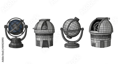 Artistic row of celestial observatory and globe models for science.