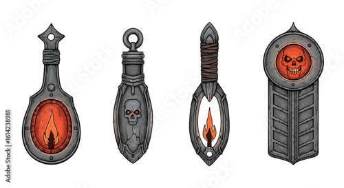 Fantasy pendants with fiery glow and skull motifs, detailed designs