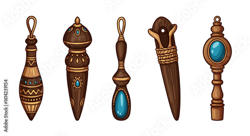 Ornate wooden pendants featuring gems with ethnic and antique styling