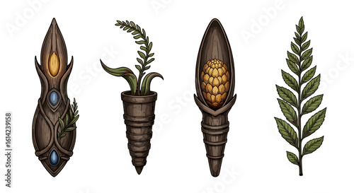 Decorative wood carved nature elements for design and ornamentation.