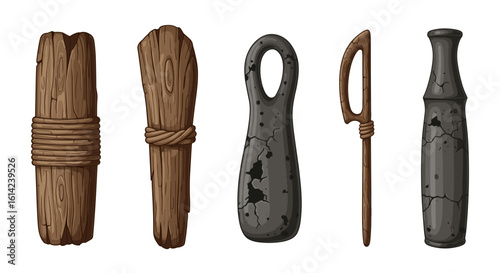 Assortment of five different ancient primitive stone and wood tools
