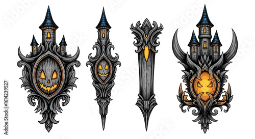 Ornate Halloween castle designs with pumpkin face and gothic style