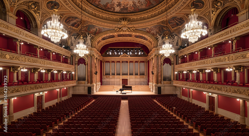 Obraz premium A grand concert hall features rows of red velvet seats, an ornate ceiling with chandeliers, and a stage with a piano and organ pipes