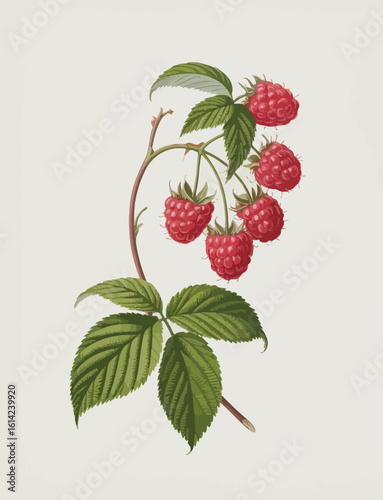This illustration showcases a branch of ripe raspberries against a soft background, emphasizing nature's bounty and the beauty of botanical art.