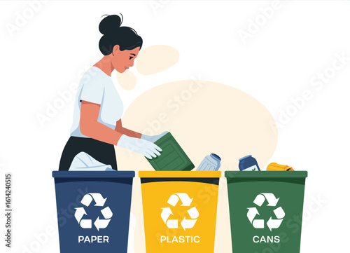 This image illustrates a woman actively participating in recycling, emphasizing the importance of sustainability and environmental responsibility in everyday life and community settings.