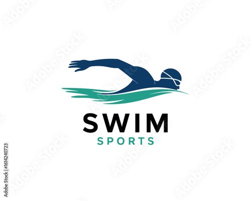 A dynamic logo design of a swimmer in action embodies the essence of sports and aquatic competitions, representing the thrill of water sports and athleticism.