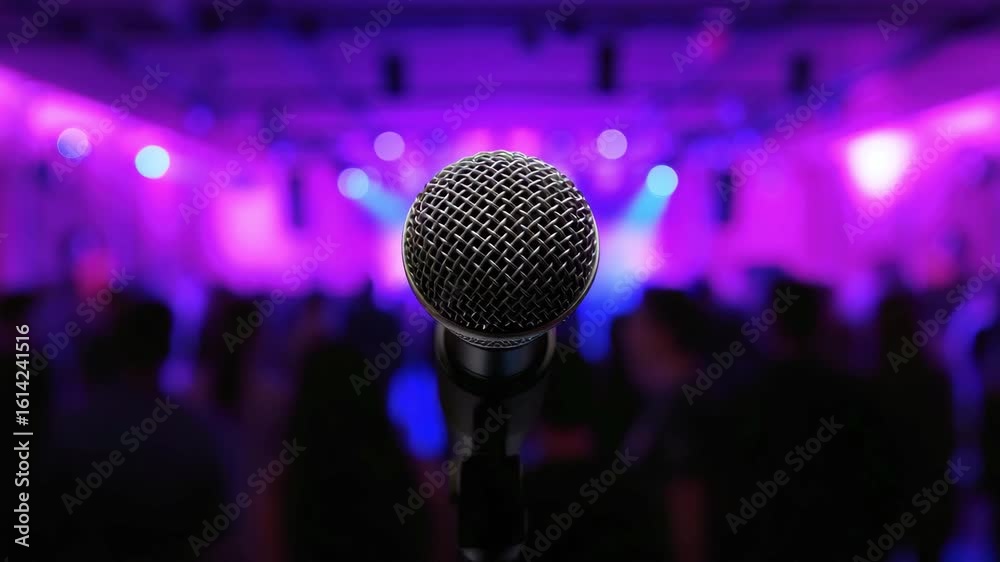 Microphone on stage, concert performance setup, live music venue, spotlight event moment, audio equipment close-up, entertainment atmosphere, crowd anticipation scene