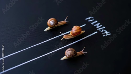 Snail race at finish line, slow progress concept, perseverance in strategy, market growth challenge, patience in success journey
