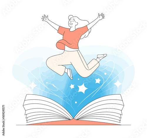 A delightful illustration of a woman joyfully jumping over an open book, symbolizing the boundless imagination and adventures found in reading.