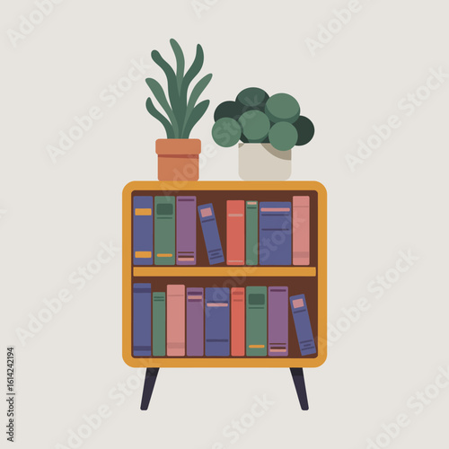 An aesthetically pleasing illustration of a bookshelf adorned with colorful books and leafy plants, emphasizing creativity and knowledge in a cozy home setting that welcomes learning.