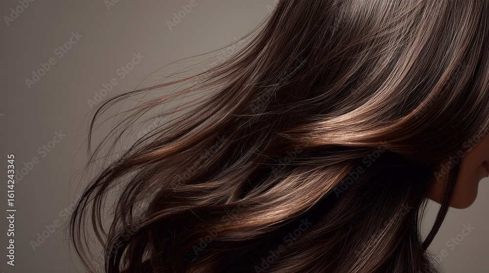 Naklejka premium シルクのような質感のロングヘアが優雅に揺れる女性の横顔。シャンプーやヘアケア製品のイメージに適した素材。 