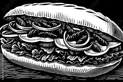 Turkish doner kebab sandwich with sliced lamb, tomato, lettuce, onion, and yogurt sauce in black and white line art illustration for global street food and fast-food branding
