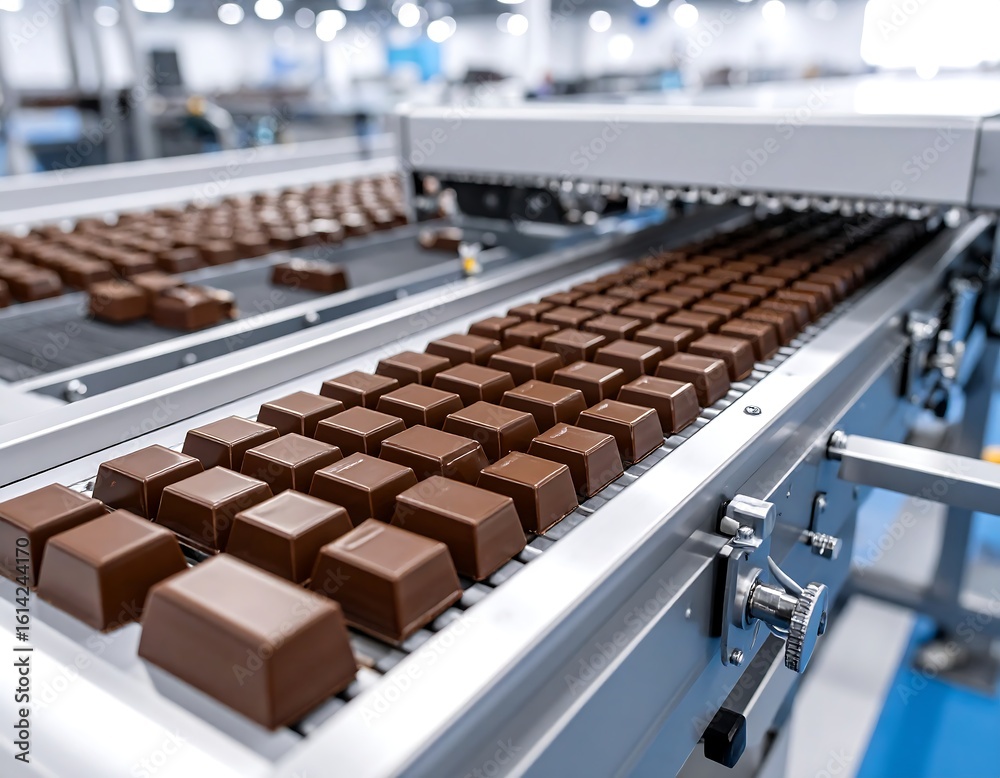 Obraz premium Chocolate squares on a conveyor belt in a factory (3)