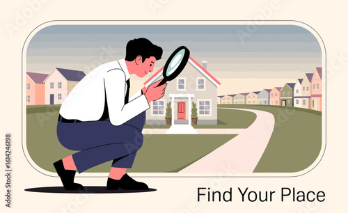 A focused businessman examines a house with a magnifying glass, conveying a sense of diligence and careful selection in the journey of finding a perfect place to live.