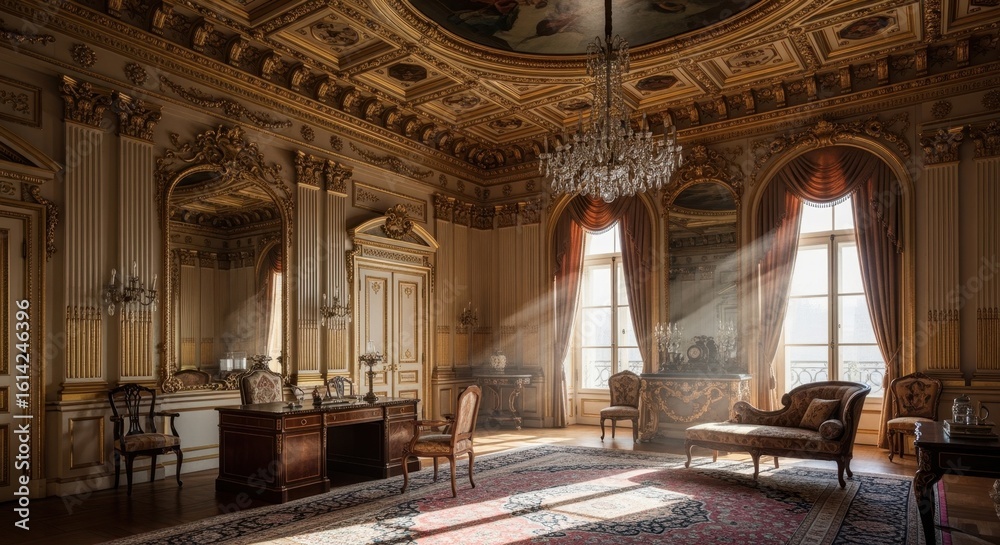 Obraz premium Luxurious historic room with intricate moldings and soft sunlight.