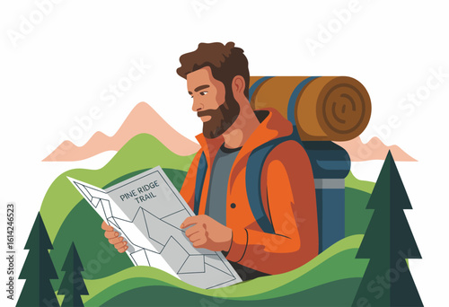 This image depicts a backpacker studying a map in a scenic mountain setting, showcasing adventure, exploration, and the beauty of nature inspiring outdoor activities.