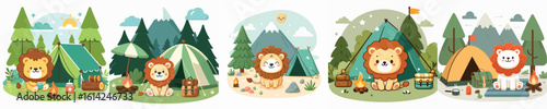 collection of cute lion vectors camping