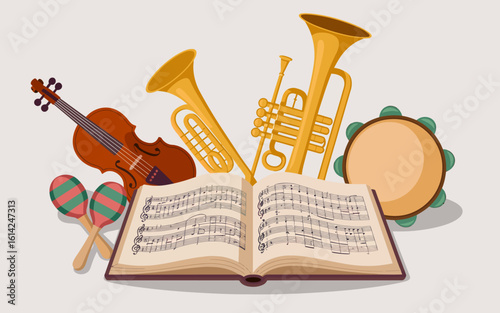 This vibrant illustration features various musical instruments surrounding an open music book, symbolizing creativity, harmony, and the joy of making music together.