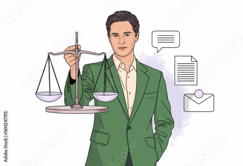 This image portrays a young man holding a traditional scale of justice, symbolizing fairness, legality, and ethical judgment in a contemporary context of law and order.