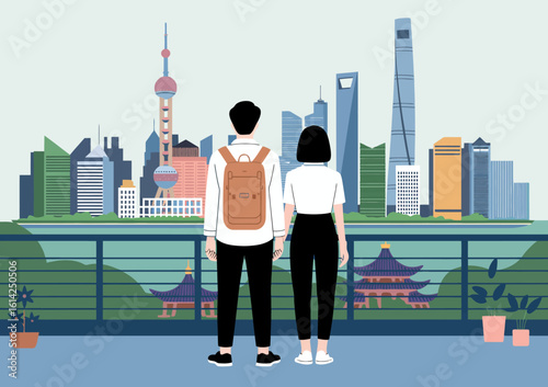 A couple stands overlooking the stunning Shanghai skyline, representing exploration, connection, and the beauty of urban landscapes and shared experiences in a vibrant city.