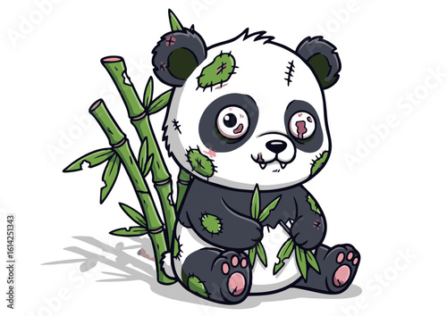 Cartoon Zombie Panda with Bamboo Stitched Patches and Pink Paw Pads.