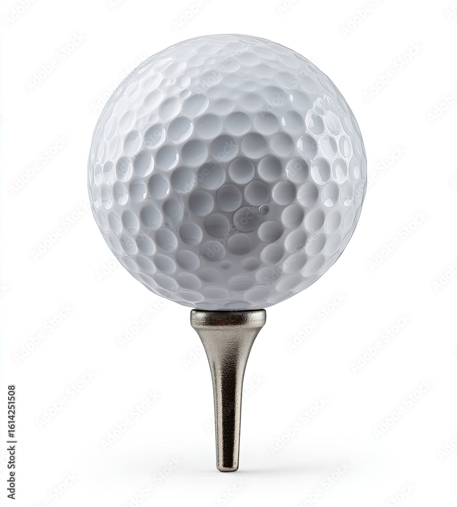 Golf ball on tee, ready for swing, white background, sport Golf ball on tee, ready for swing, white background, sport