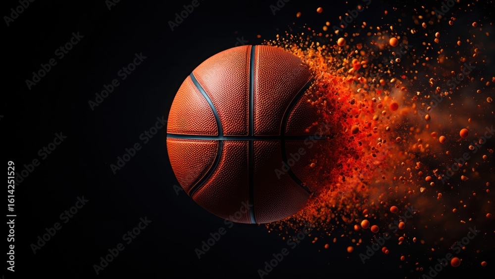 Fototapeta premium Exploding basketball with fiery particles against dark background