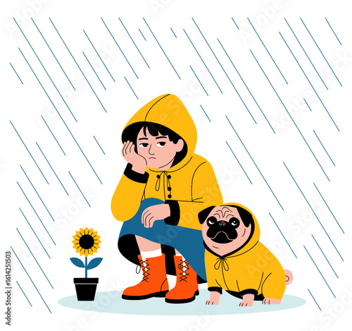 This touching illustration depicts a girl and her pug in raincoats, beautifully conveying themes of companionship and sadness amidst rainy weather.