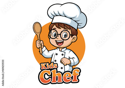 Cartoon Boy Chef in a Chefs Uniform Holding a Wooden Spoon.