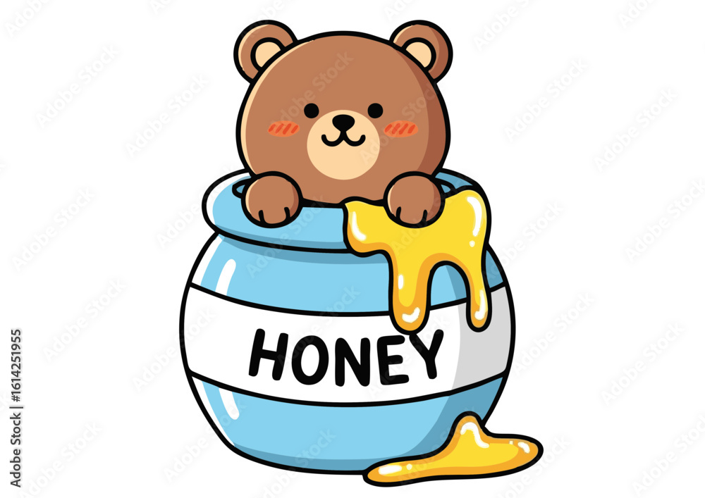 Adorable Cartoon Bear Peeking from Honey Pot with Dripping Honey. Adorable Cartoon Bear Peeking from Honey Pot with Dripping Honey.