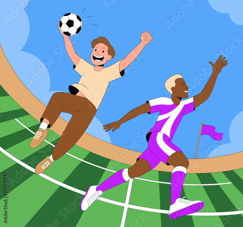 This colorful illustration shows dynamic soccer players in action, conveying excitement and energy, perfect for sports brands, teams, or events promotion.