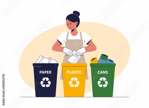 An illustration of a woman sorting waste into recycling bins, showcasing responsible environmental practices and promoting sustainability through conscious recycling behaviors.