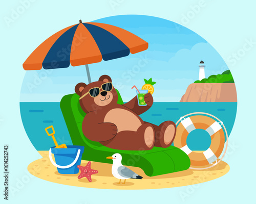 This image illustrates a cheerful bear relaxing on the beach under an umbrella, enjoying drinks, representing carefree summer fun and the joy of leisure and comfort.