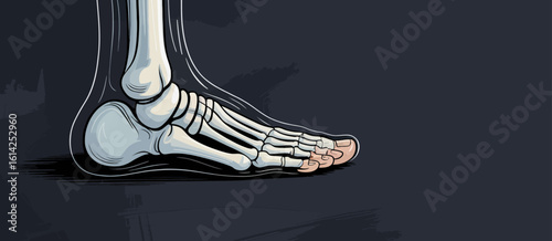 This image features a detailed anatomical illustration of a human skeletal foot, highlighting the intricate bone structure and overall anatomy of the foot's skeletal system.