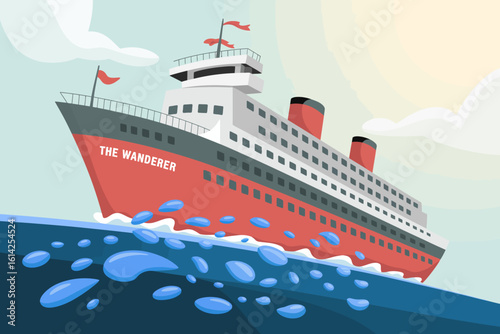 A vibrant illustration of a fictional ocean liner named 'The Wanderer' gracefully navigating blue waves under a bright sky, exuding adventure and maritime journeys.
