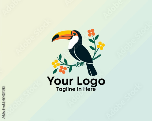 This logo features a vibrant toucan perched among flowers, representing tropical beauty and ecology, suitable for brands focusing on nature or lifestyle products.