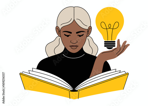 An illustration of a woman reading a book while holding a lightbulb aloft, symbolizing knowledge, enlightenment, and the generation of new ideas through learning.