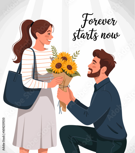 This image captures a tender moment between a couple, with one person proposing while offering sunflowers, evoking themes of commitment, joy, and love in relationships.
