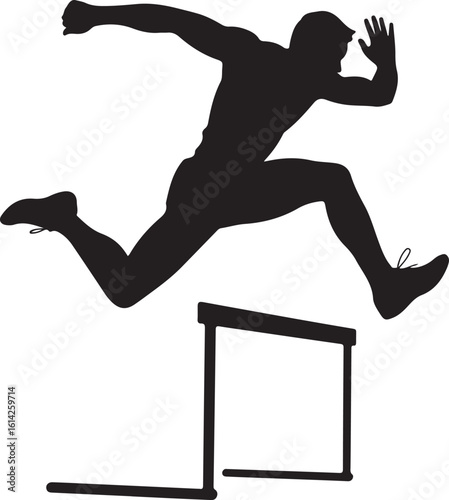 Black silhouette of a male athlete jumping over a hurdle during a race running track and field