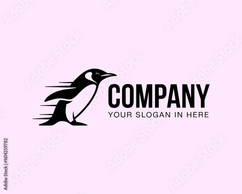 This logo features a dynamic penguin silhouette in motion, ideal for branding purposes in industries emphasizing speed, agility, and modern innovation within a competitive sector.